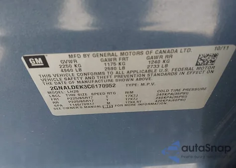 2012 Chevrolet Equinox 1Lt из США, поврежденный, VIN 2GNALDEK3C6170952